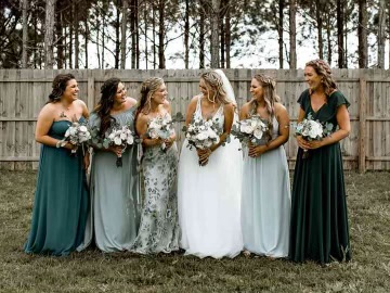 Bride and wedding party outdoors